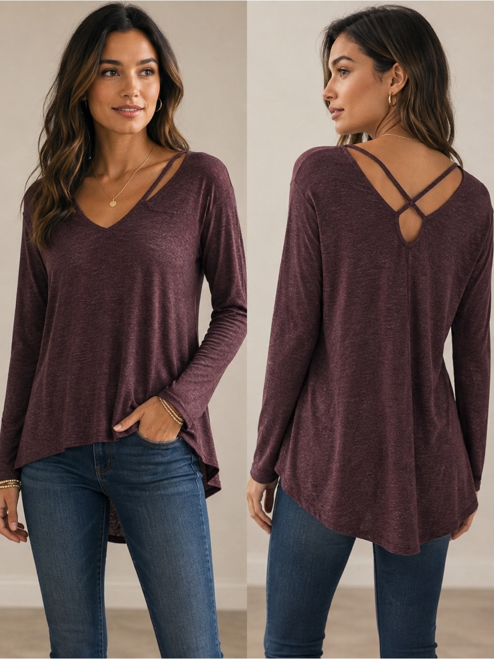 Paper Crane Plum Long-Sleeve V-Neck Top with Crisscross Back